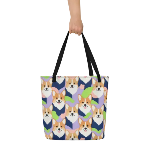 Corgi Colorwave on a Large Tote Bag W/ Pocket