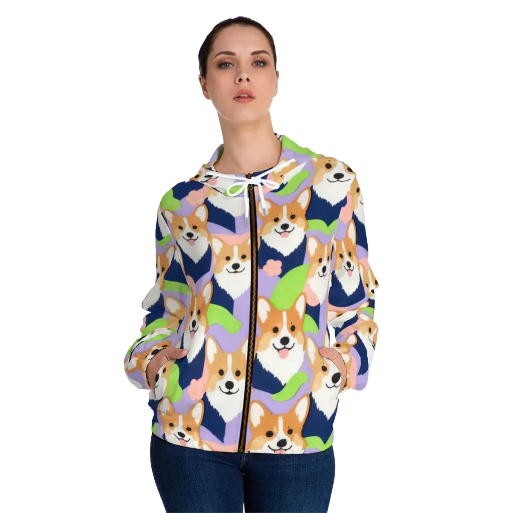 Corgi Colorwave on Women's Full-Zip Hoodie — Front On Person
