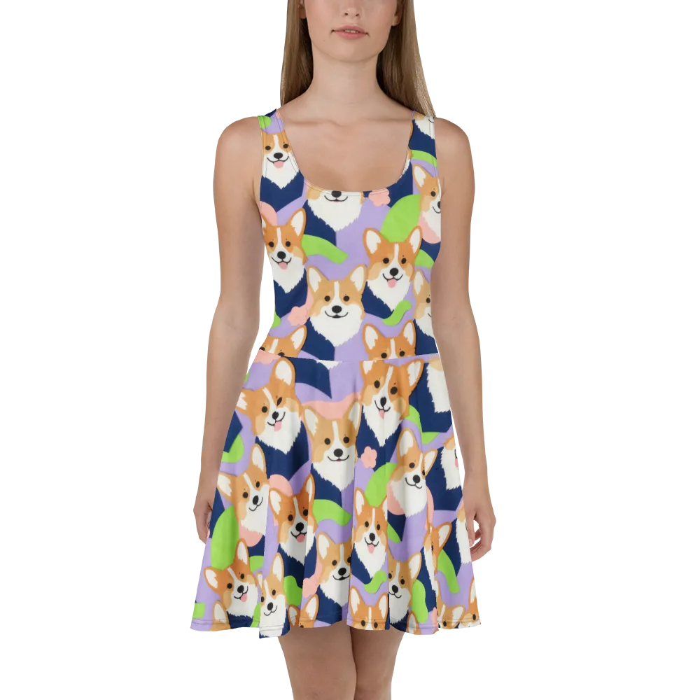 Corgi Colorwave on Skater Dress — Front