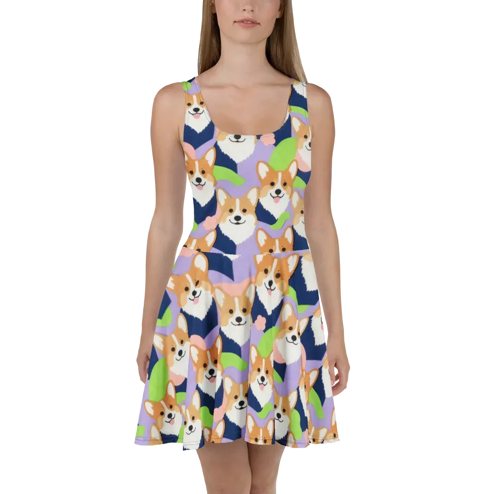 Corgi Colorwave on Skater Dress — Front