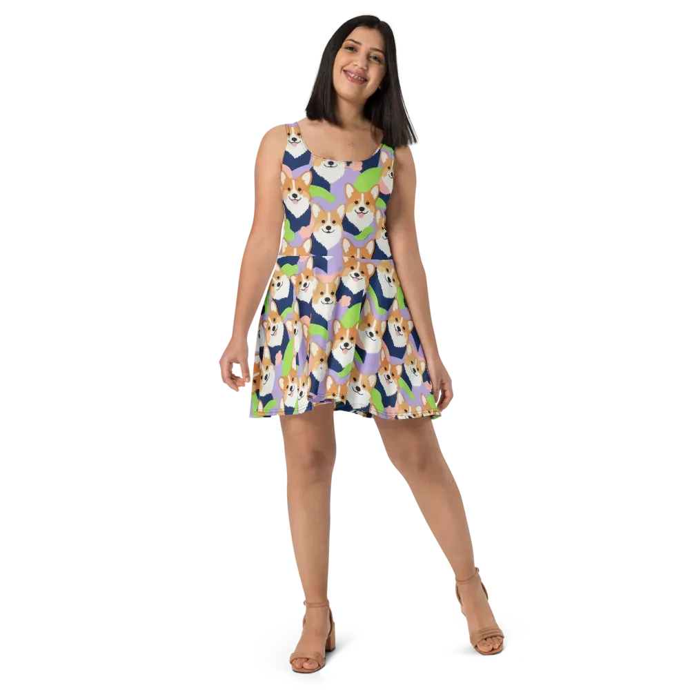 Corgi Colorwave on Skater Dress — Front