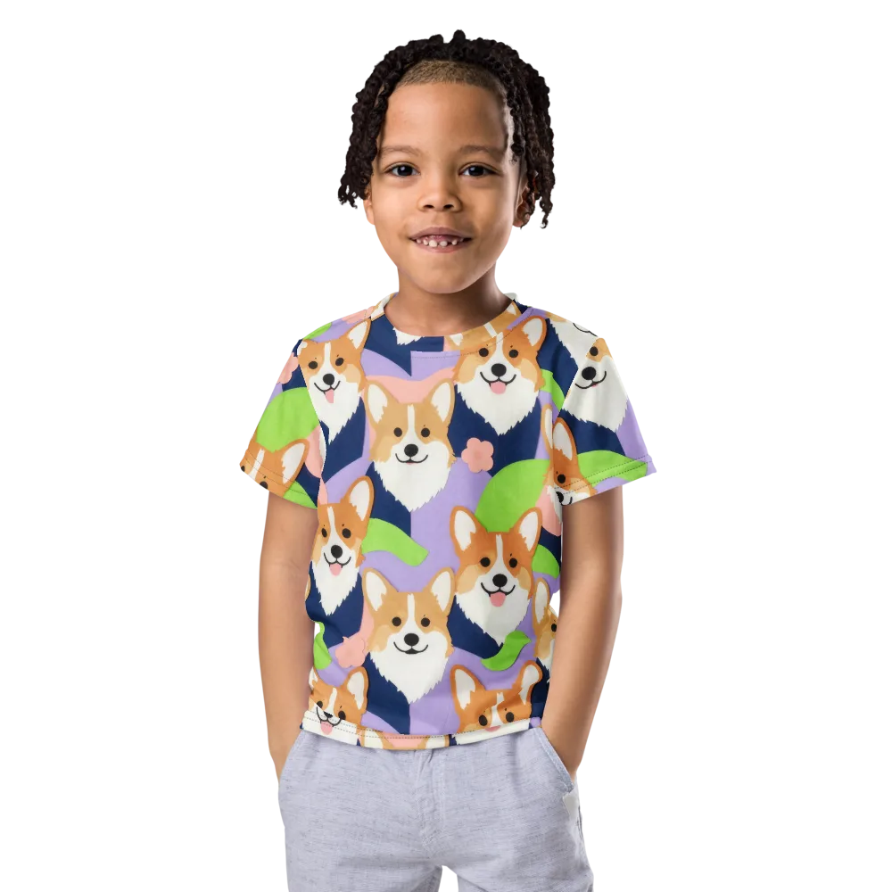Corgi Colorwave on Kids Crew Neck T-Shirt — Front
