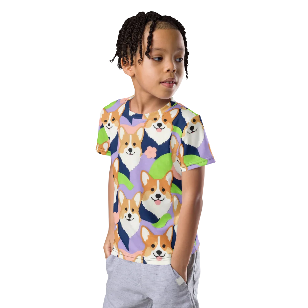 Corgi Colorwave on Kids Crew Neck T-Shirt — Left Front