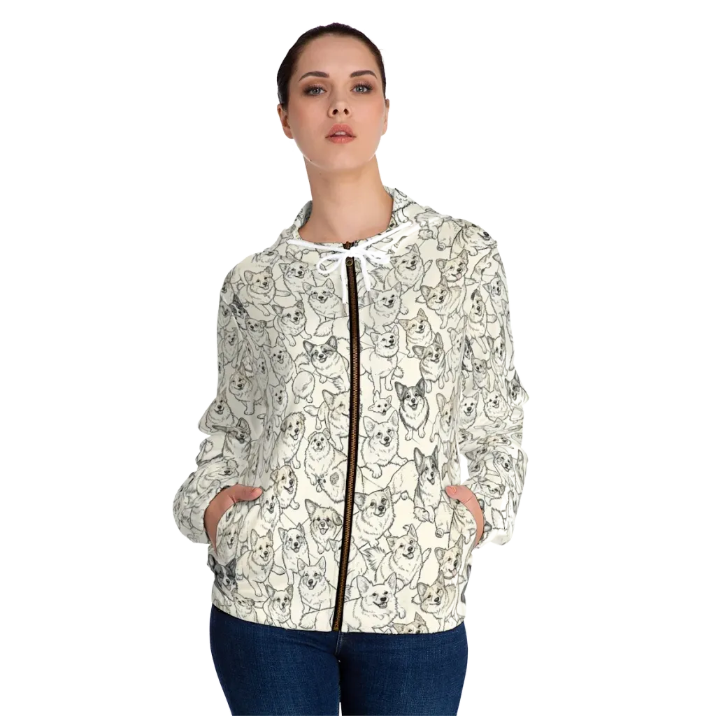 Corgi Chorus on Women's Full-Zip Hoodie — Front On Person