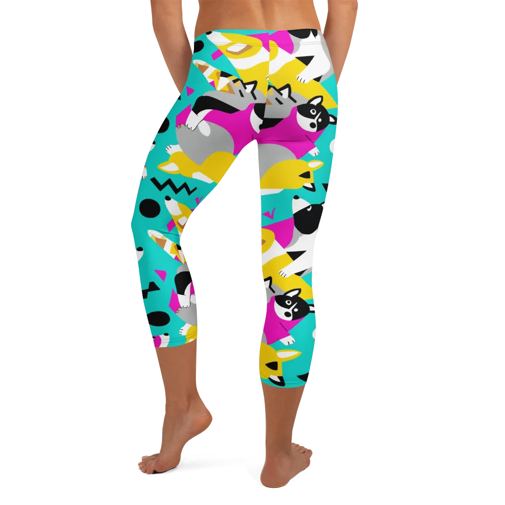 Neon Canine Parade on Capri Leggings — Back