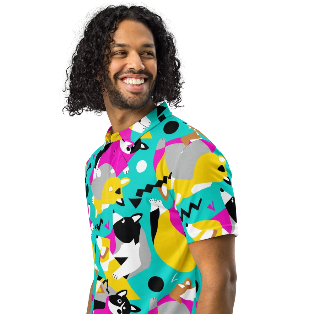Neon Canine Parade on Men's Slim Fit Polo Shirt — Left Front