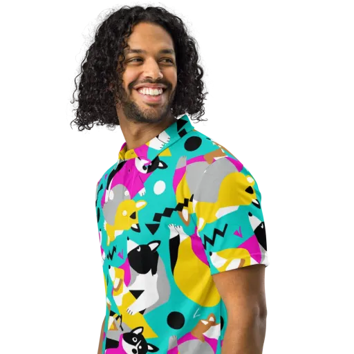 Neon Canine Parade on a Men's Slim Fit Polo Shirt