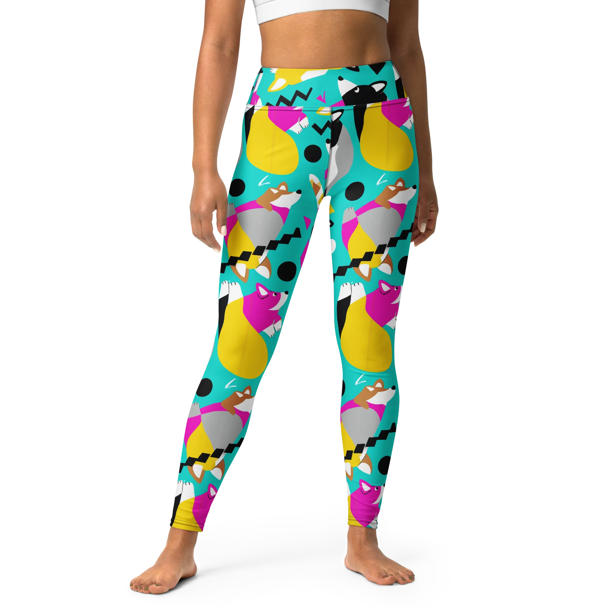 Neon Canine Parade on Yoga Leggings — Front