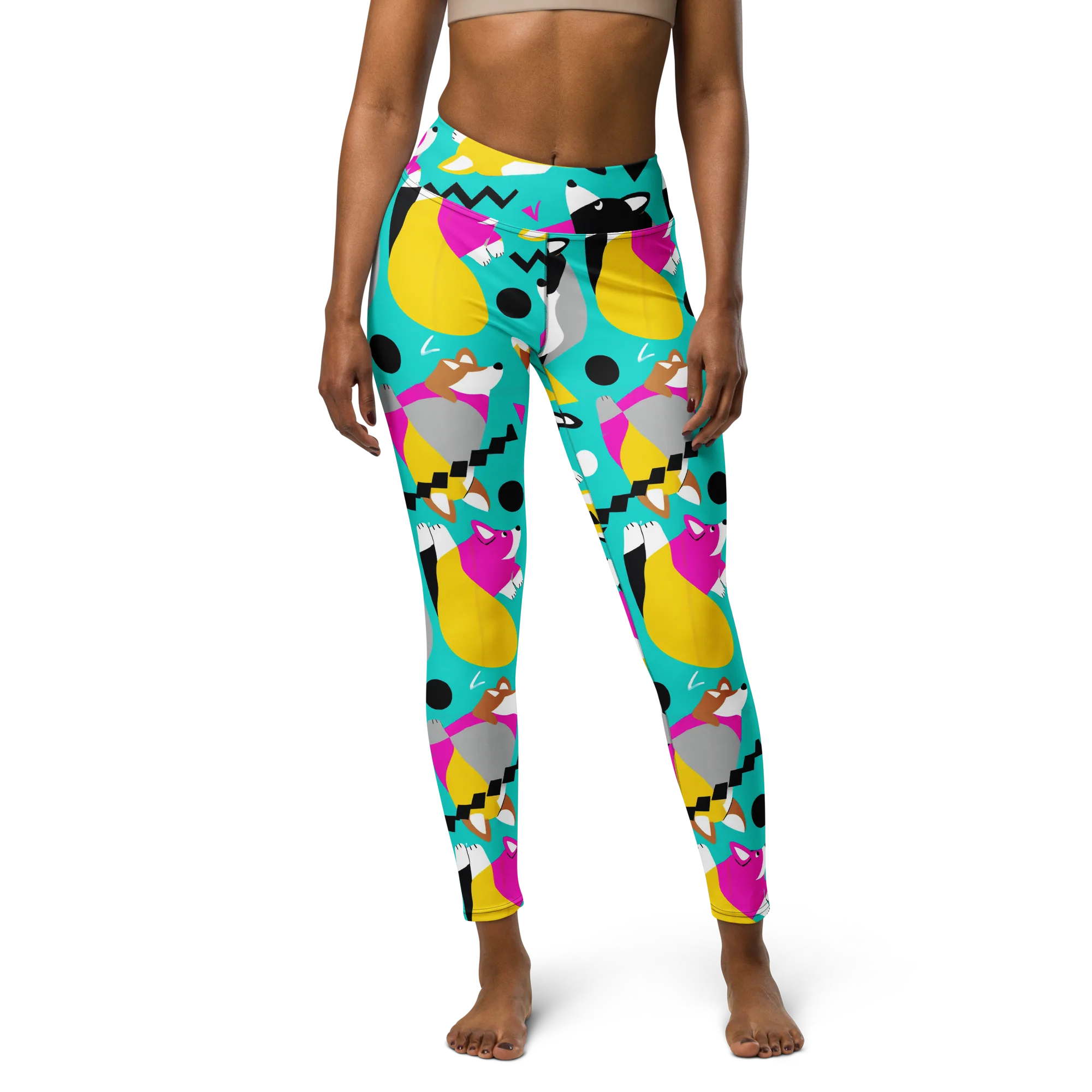 Neon Canine Parade on Yoga Leggings — Front