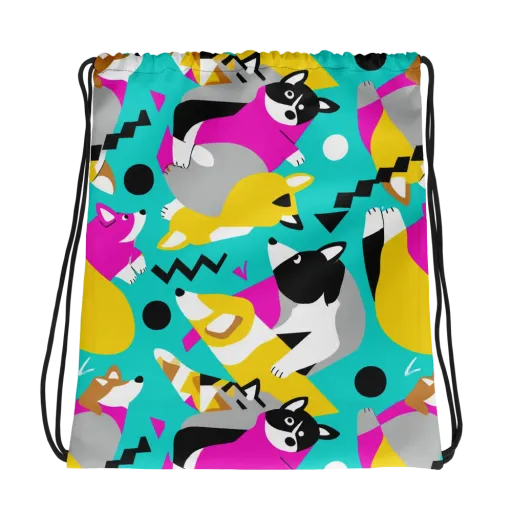 Neon Canine Parade on a Drawstring Bag