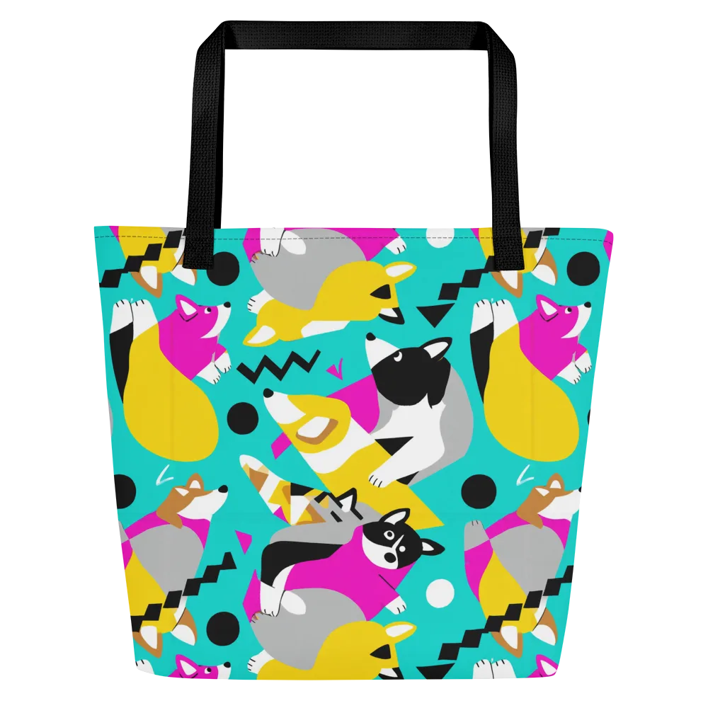 Neon Canine Parade on Large Tote Bag W/ Pocket — Front