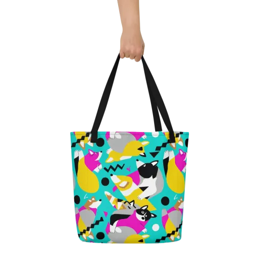 Neon Canine Parade on a Large Tote Bag W/ Pocket