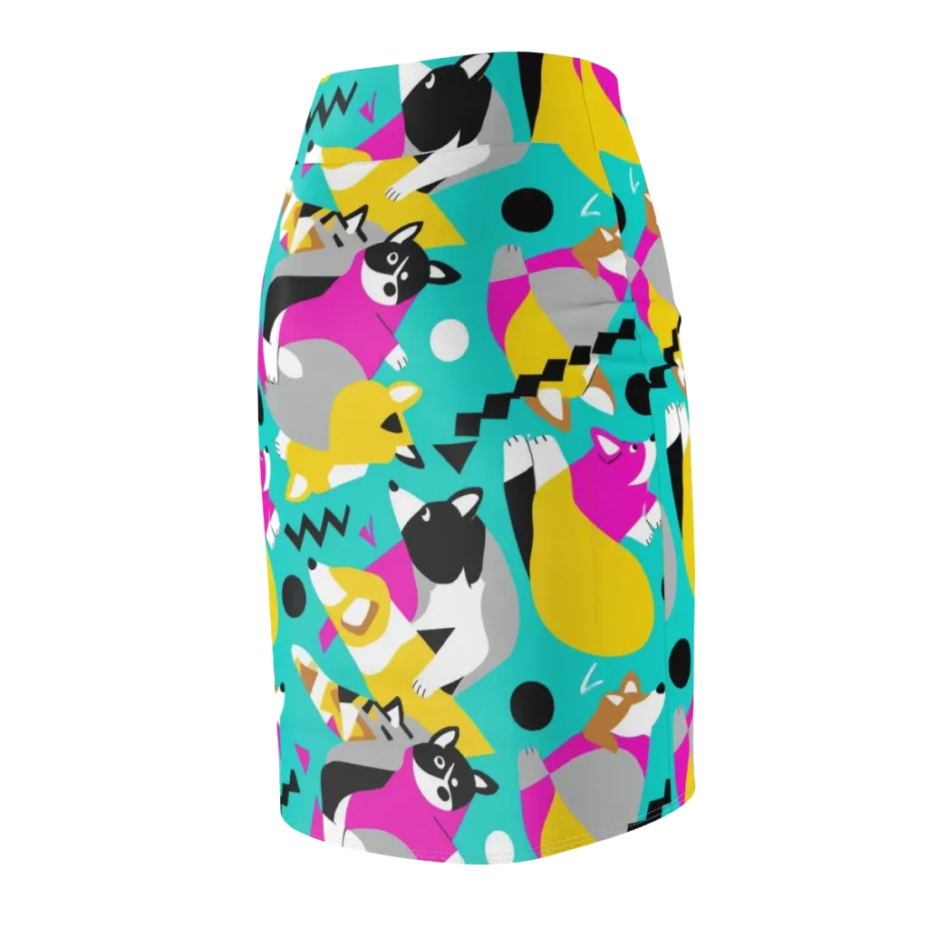 Neon Canine Parade on Pencil Skirt — Back Side
