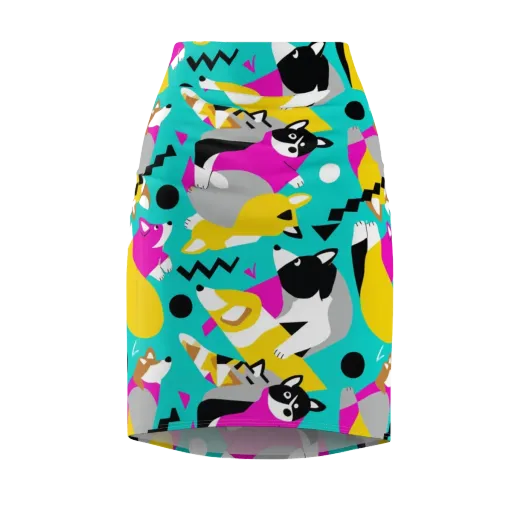 Neon Canine Parade on a Pencil Skirt