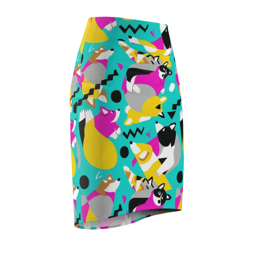Neon Canine Parade on Pencil Skirt — Front Side