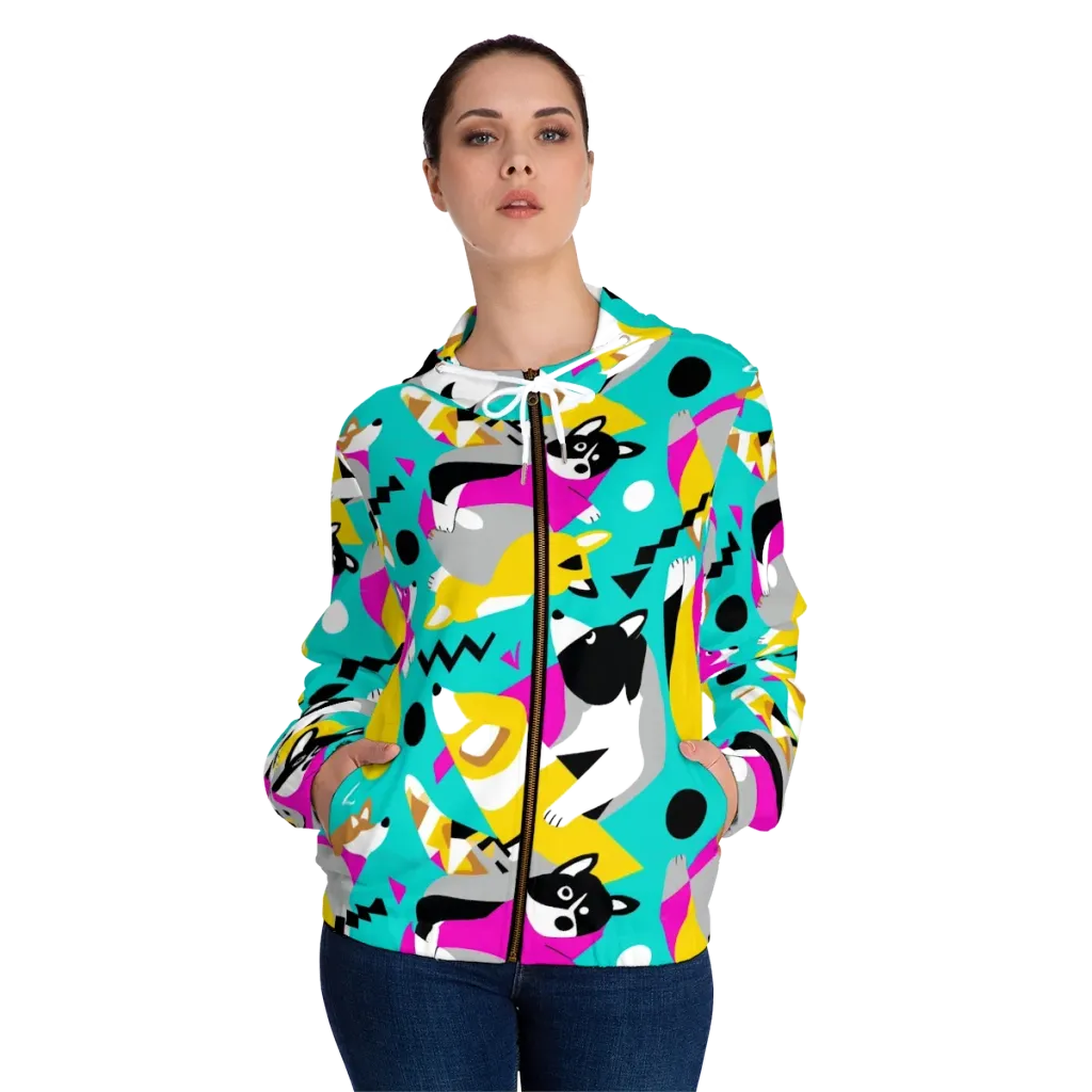 Neon Canine Parade on Women's Full-Zip Hoodie — Front On Person