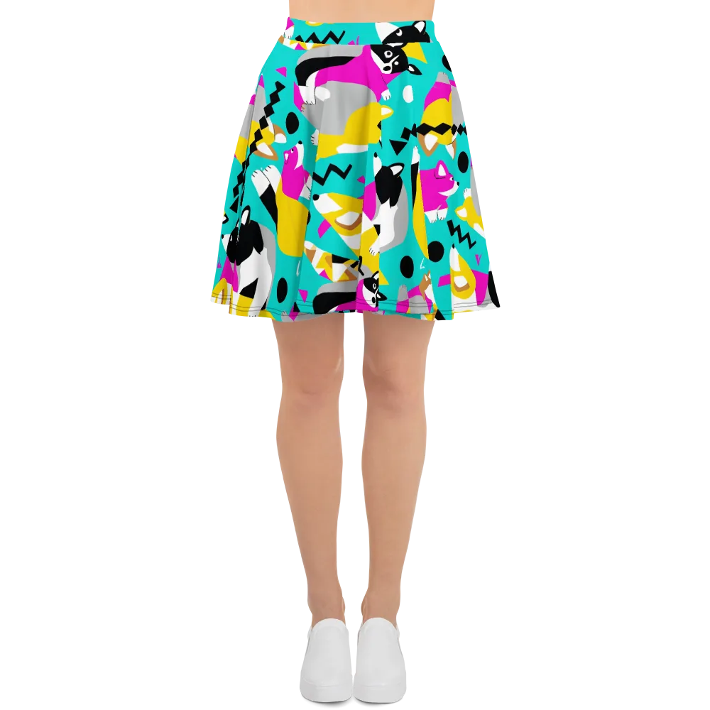 Neon Canine Parade on Skater Skirt — Front
