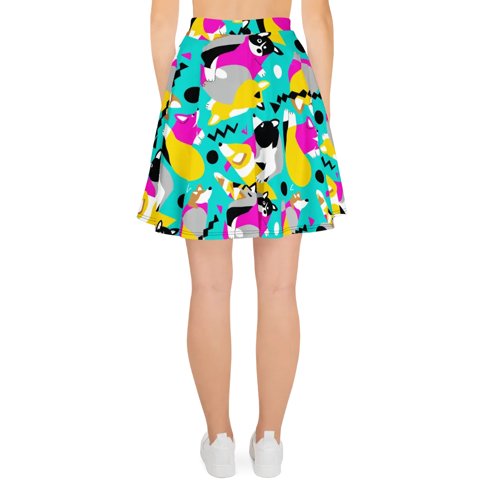 Neon Canine Parade on Skater Skirt — Back