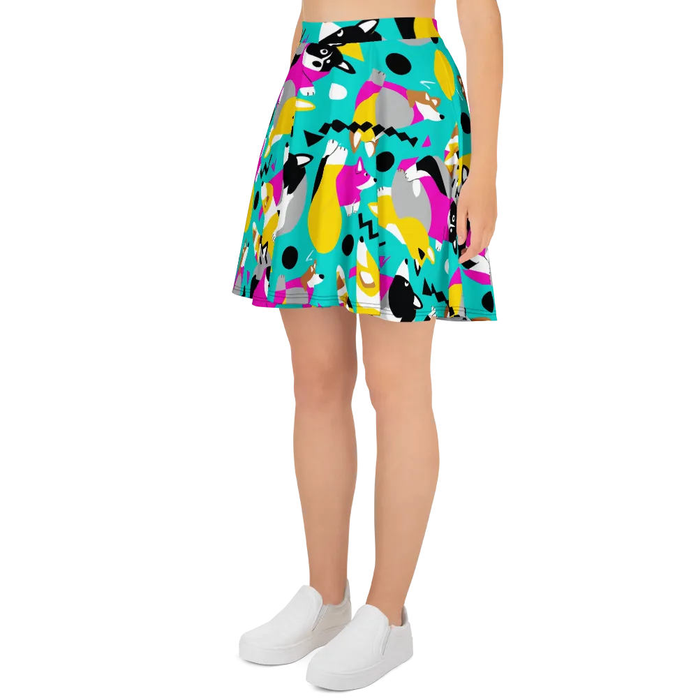 Neon Canine Parade on Skater Skirt — Left