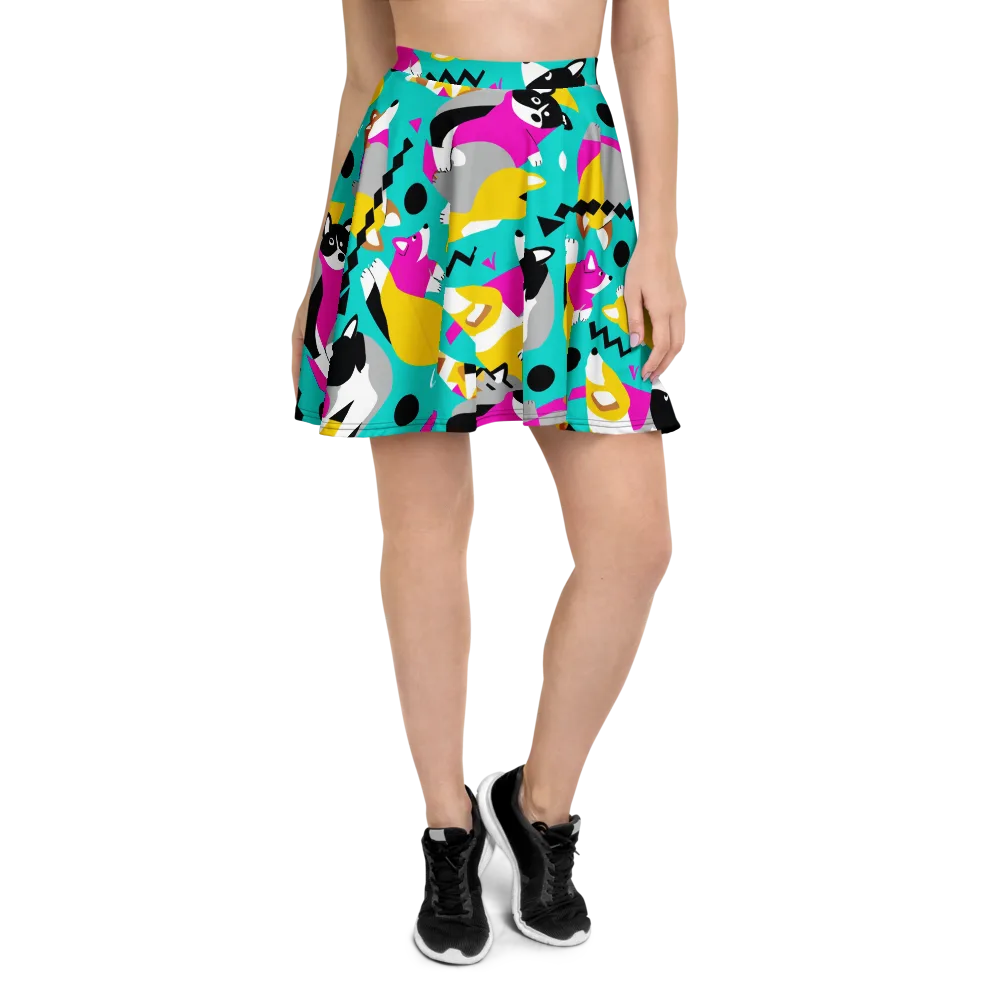 Neon Canine Parade on Skater Skirt — Front