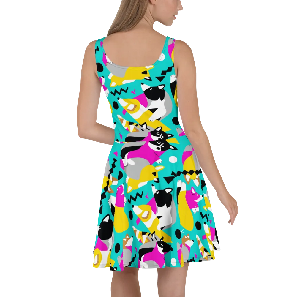 Neon Canine Parade on Skater Dress — Back