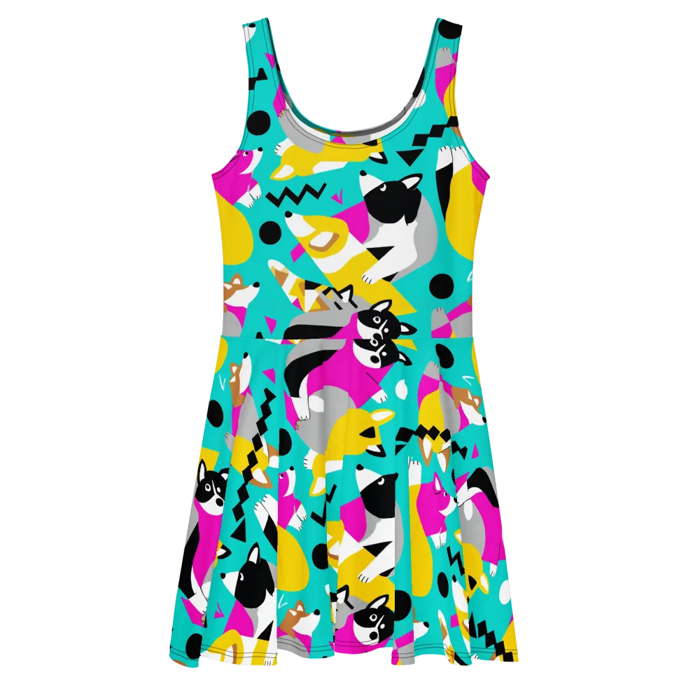 Neon Canine Parade on Skater Dress — Front