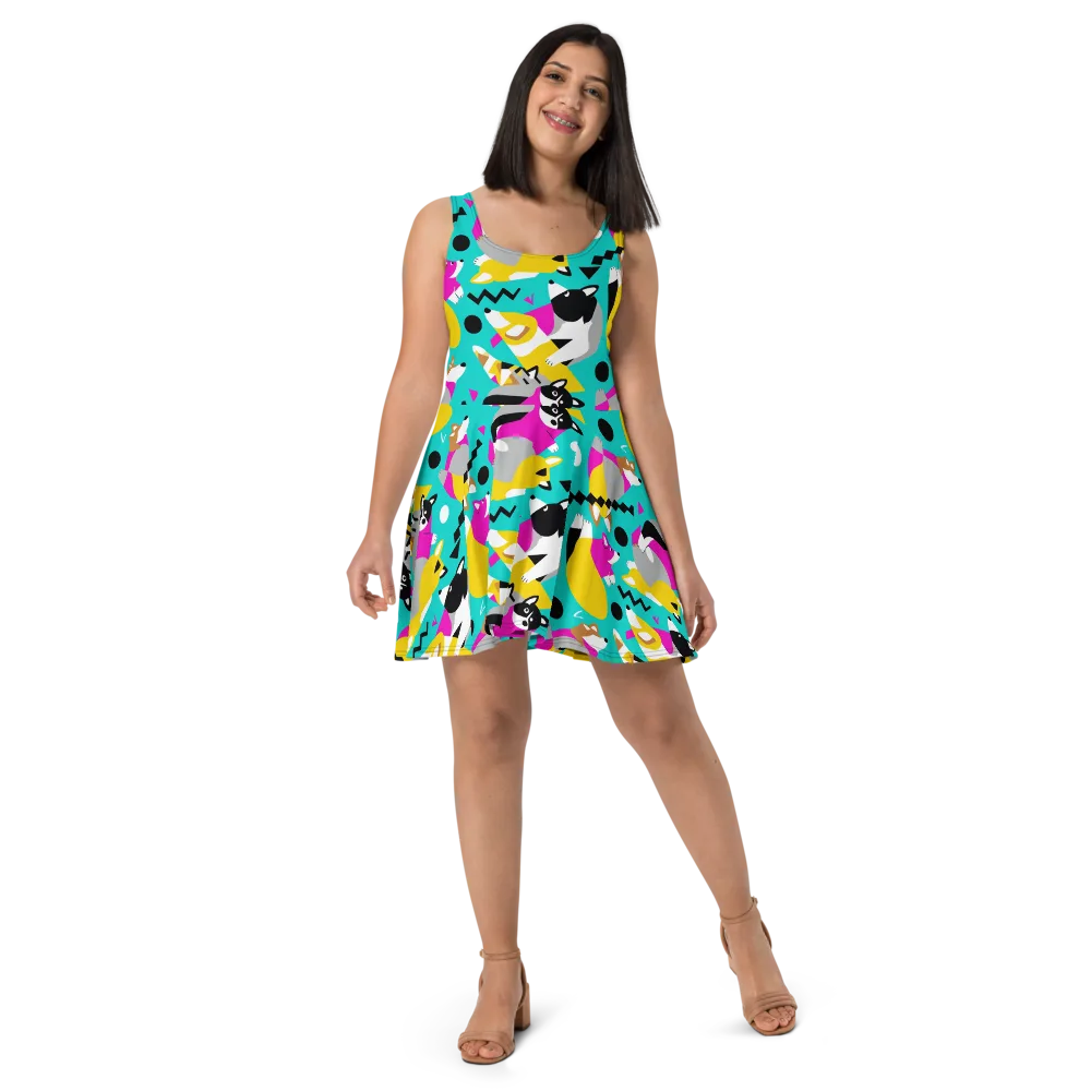 Neon Canine Parade on Skater Dress — Front