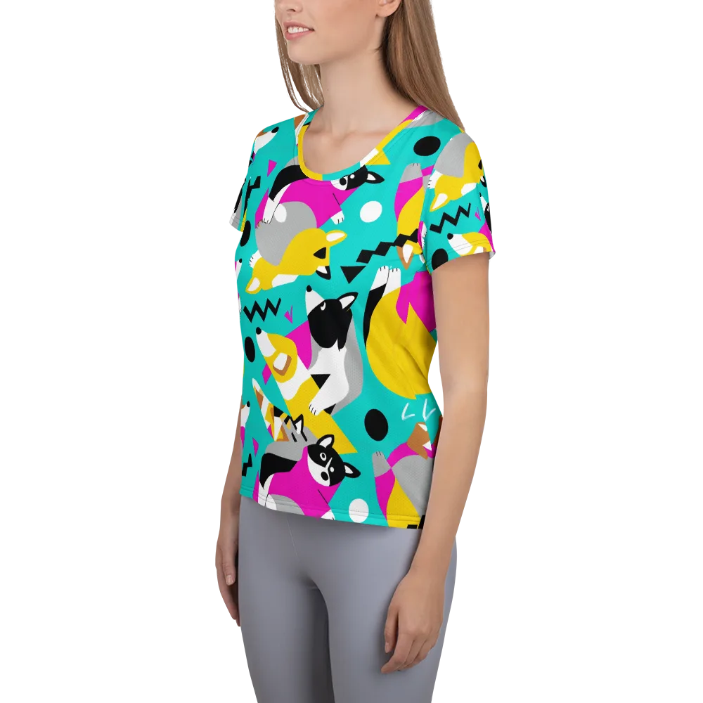 Neon Canine Parade on Women's Athletic T-Shirt — Left