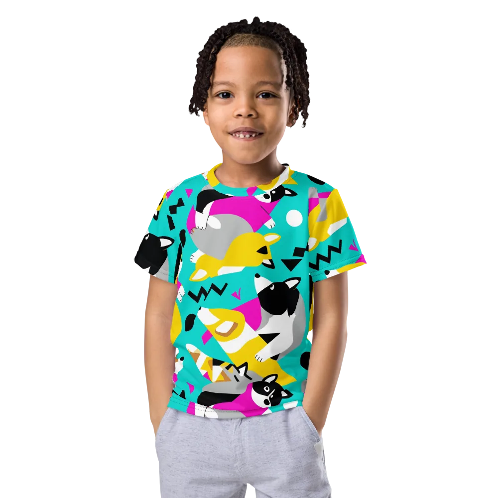 Neon Canine Parade on Kids Crew Neck T-Shirt — Front