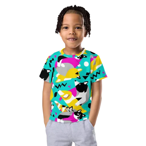 Neon Canine Parade on a Kids Crew Neck T-Shirt
