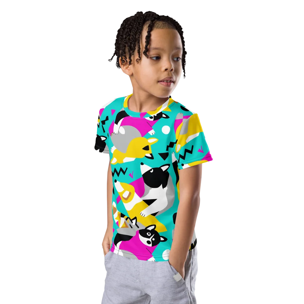Neon Canine Parade on Kids Crew Neck T-Shirt — Left Front
