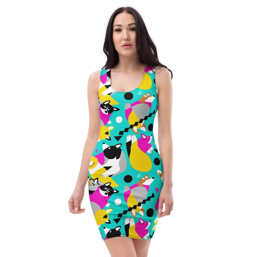 Neon Canine Parade on Bodycon Dress — Front