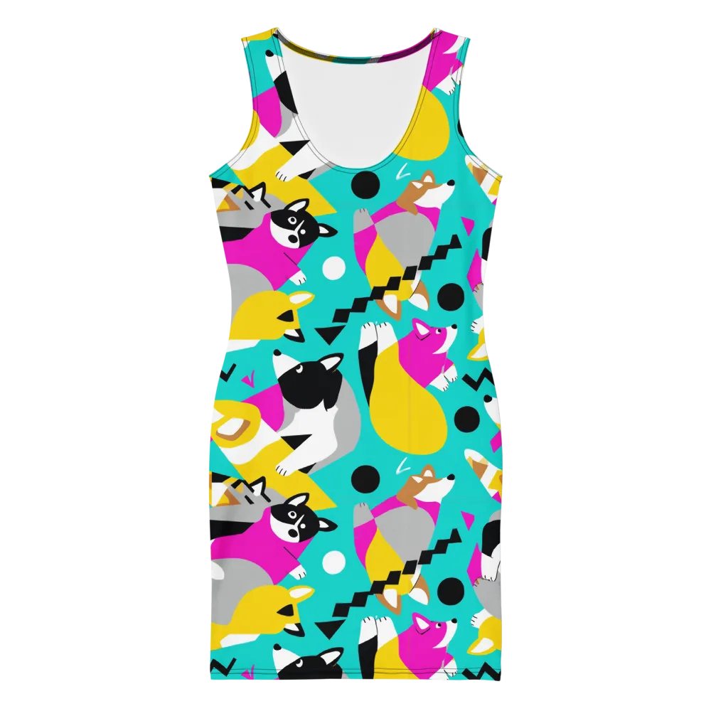 Neon Canine Parade on Bodycon Dress — Front
