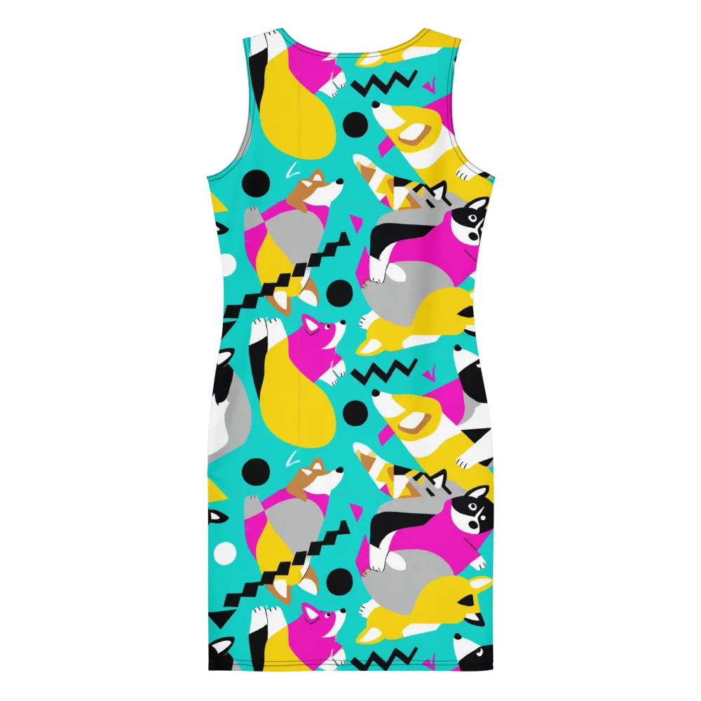 Neon Canine Parade on Bodycon Dress — Back