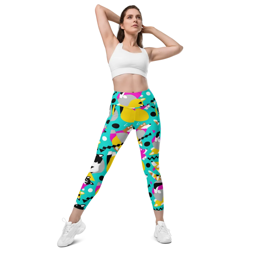 Neon Canine Parade on Leggings with Pockets — Front