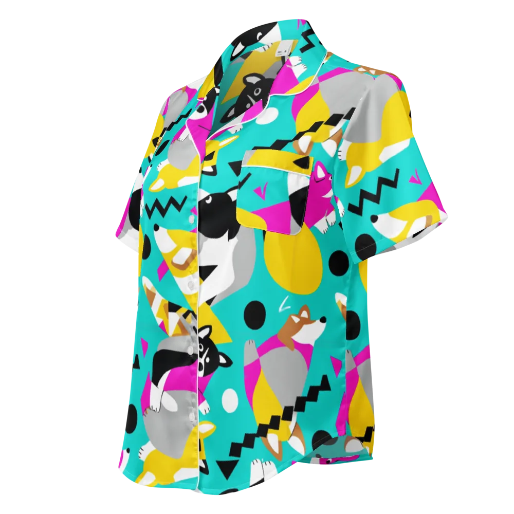 Neon Canine Parade on Women's Short Sleeve Pajama Top — Left Front