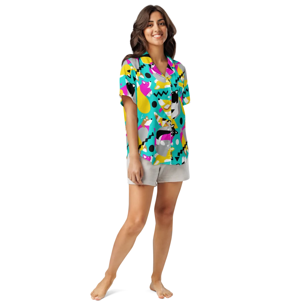 Neon Canine Parade on Women's Short Sleeve Pajama Top — Front
