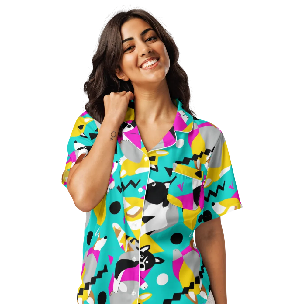 Neon Canine Parade on Women's Short Sleeve Pajama Top — Front