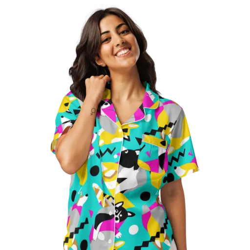 Neon Canine Parade on a Women's Short Sleeve Pajama Top