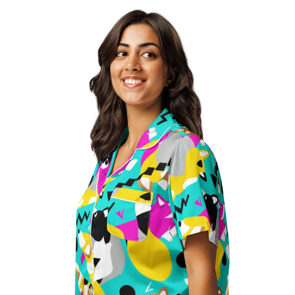 Neon Canine Parade on Women's Short Sleeve Pajama Top — Left Front
