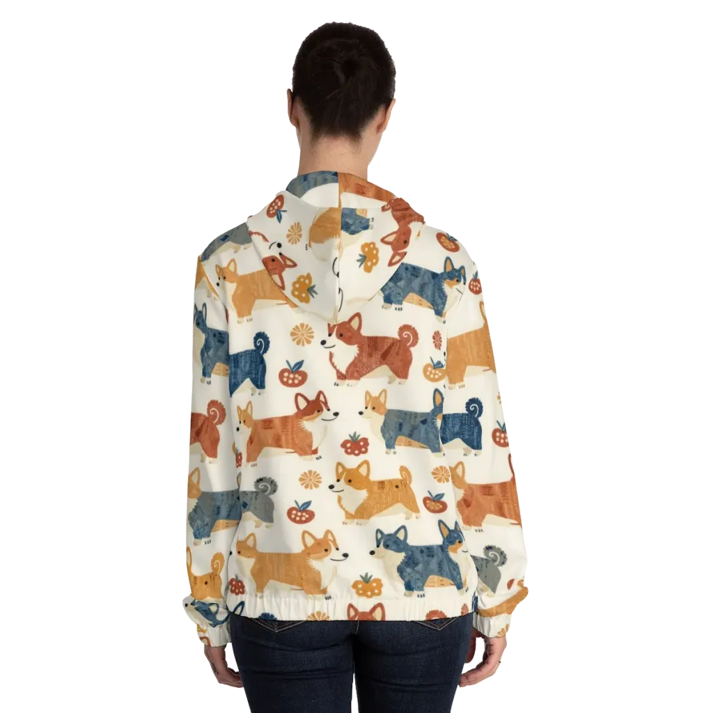 Foxfire Corgis on Women's Full-Zip Hoodie — Back On Person