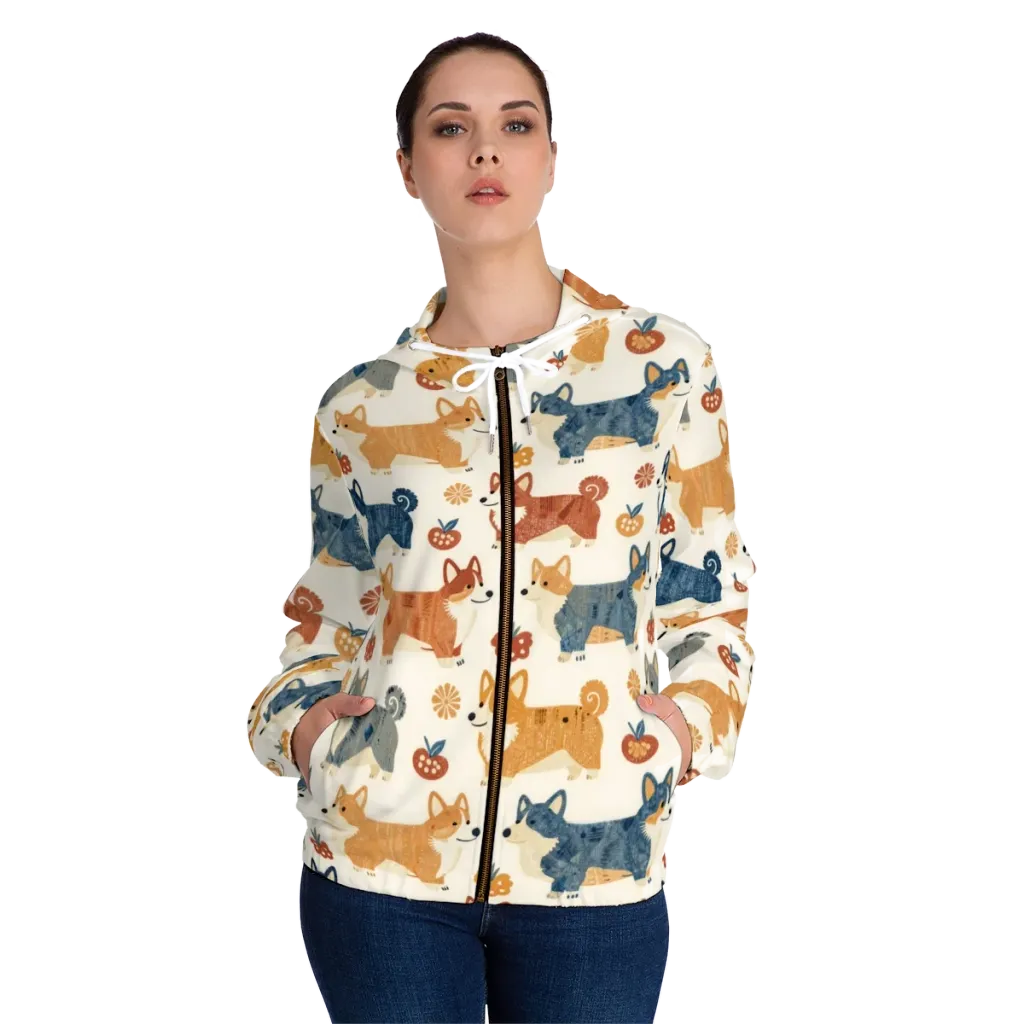 Foxfire Corgis on Women's Full-Zip Hoodie — Front On Person