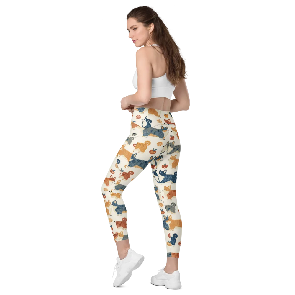 Foxfire Corgis on Leggings with Pockets — Left Back