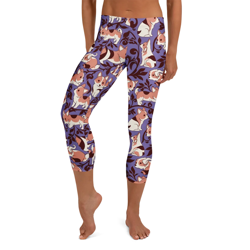 Corgi Damask on Capri Leggings — Front