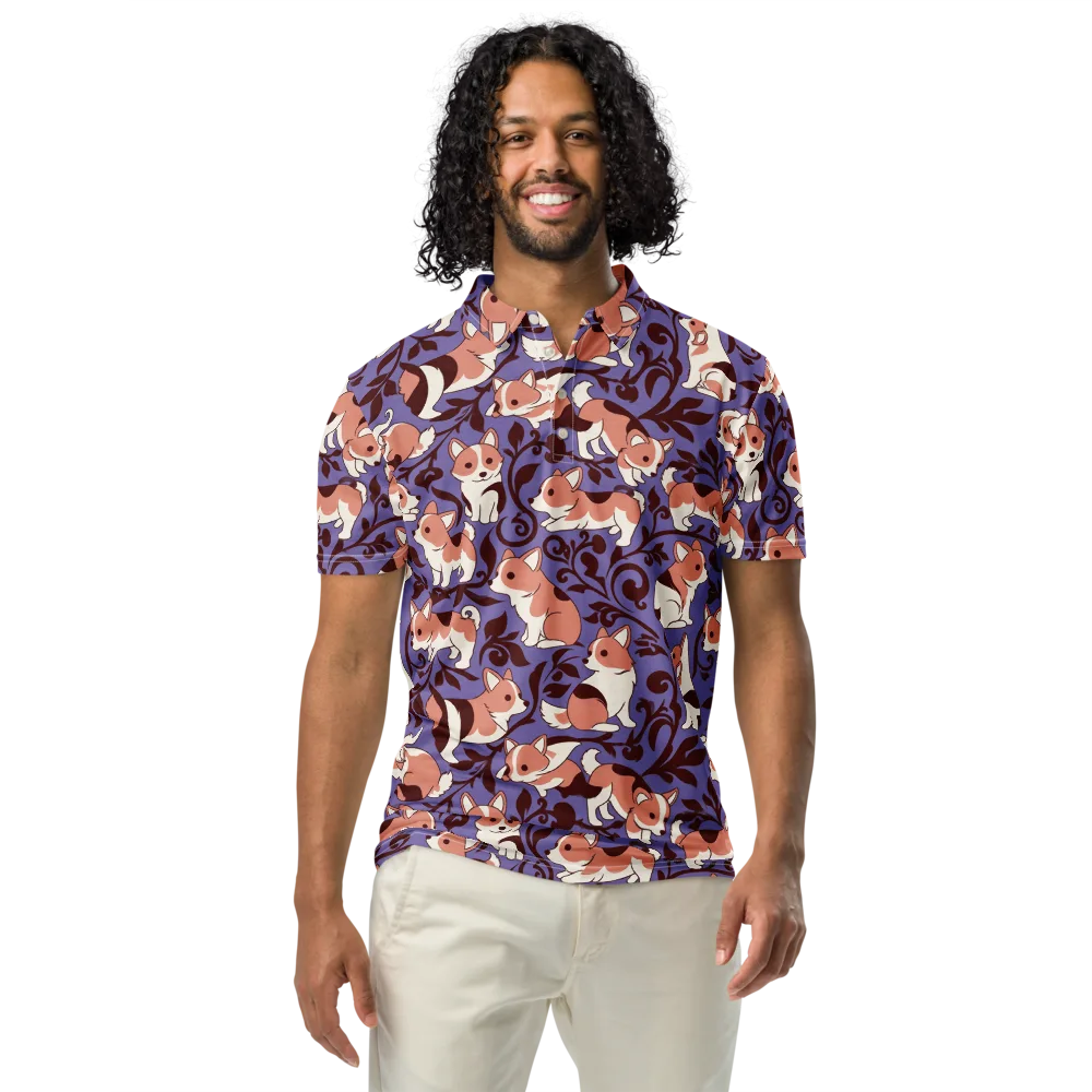Corgi Damask on Men's Slim Fit Polo Shirt — Front