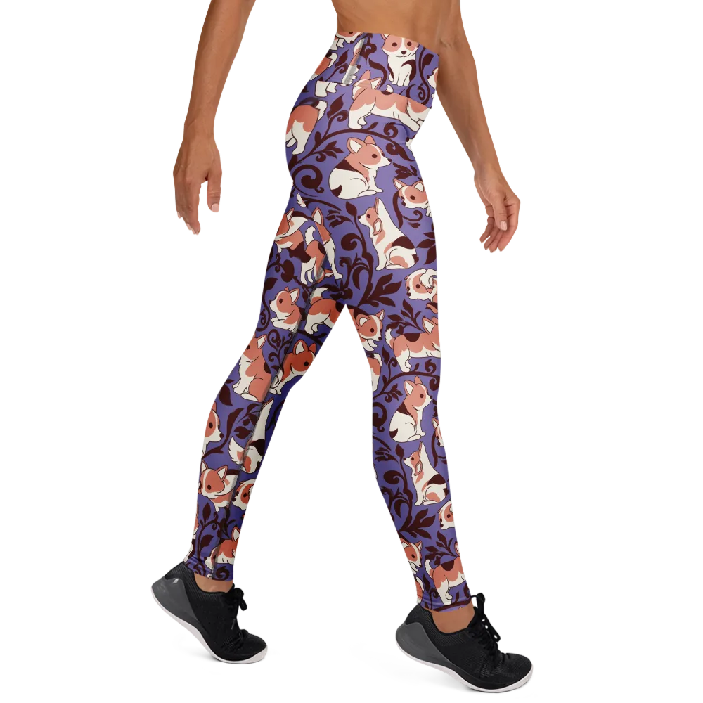 Corgi Damask on Yoga Leggings — Right