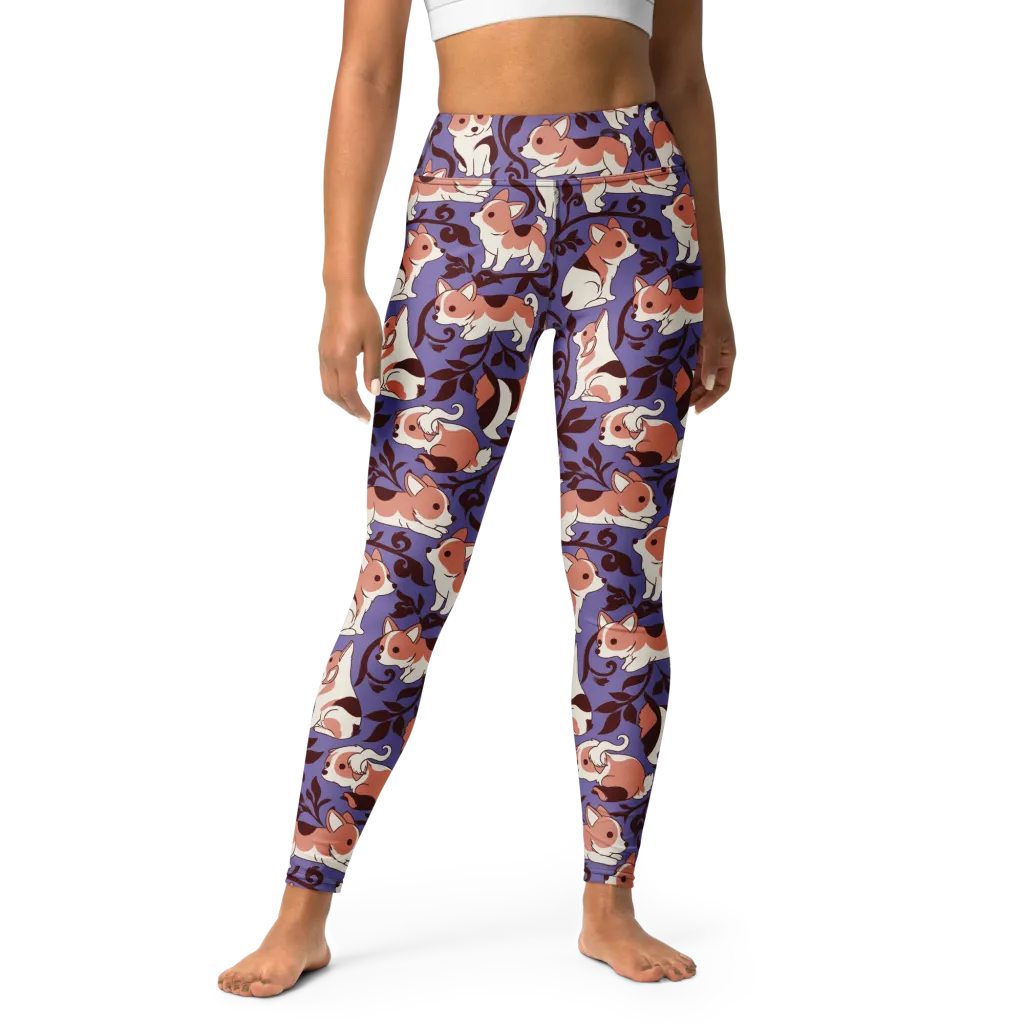 Corgi Damask on Yoga Leggings — Front