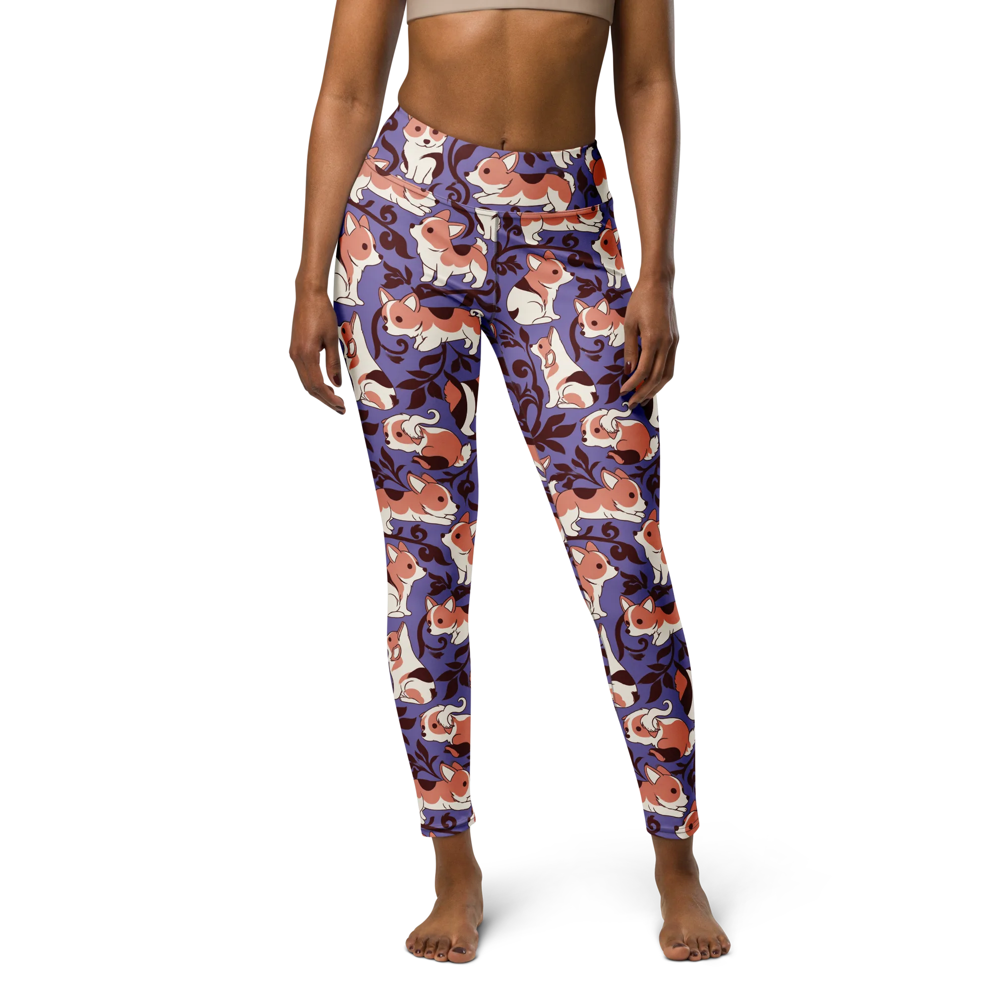 Corgi Damask on Yoga Leggings — Front