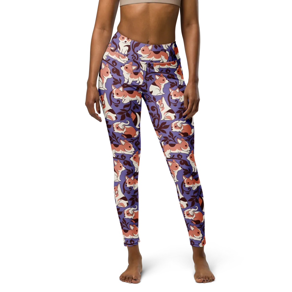 Corgi Damask on Yoga Leggings — Front
