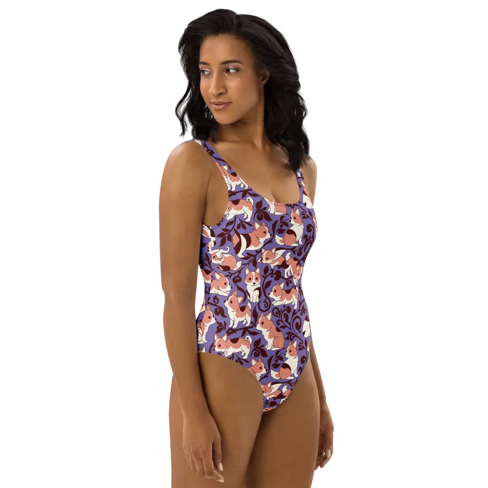 Corgi Damask on One-Piece Swimsuit — Right